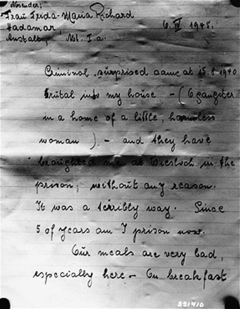 First page of a letter written by Frida Richard, a survivor of the Hadamar Institute, in which she describes her cruel treatment at the euthanasia facility